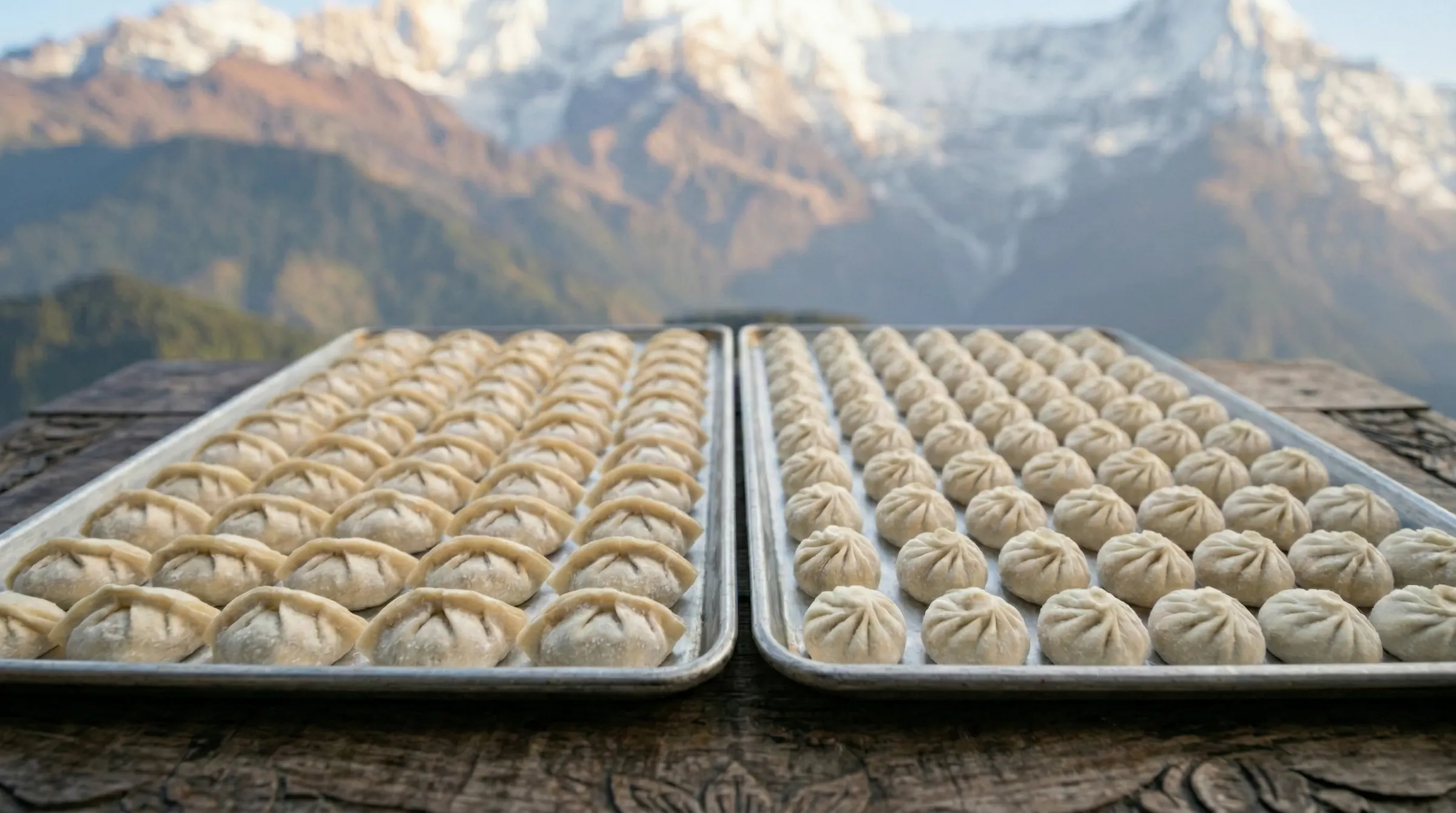 Two trays of hand-wrapped momos in front of snow-capped Himalayan mountains